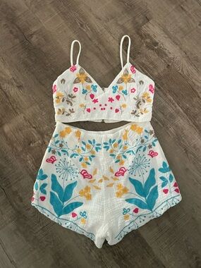 Small Boho, Beachy, Festival White Embroidered Floral Crop Top & Shorts Set